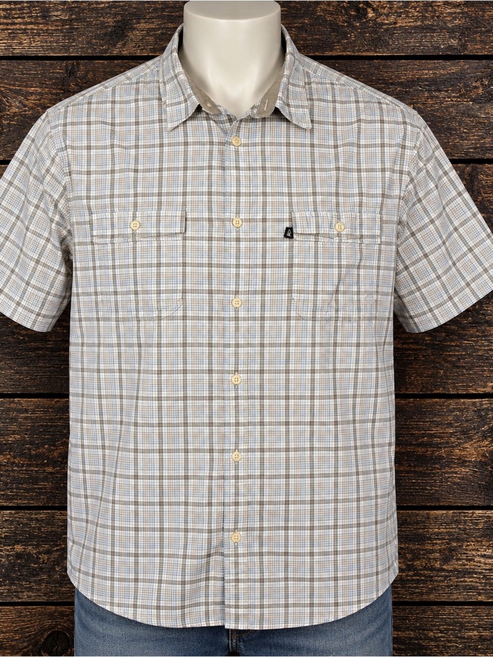 Old Navy Shirt Mens XL Gray Blue Plaid Short Sleeve Button Down Pockets